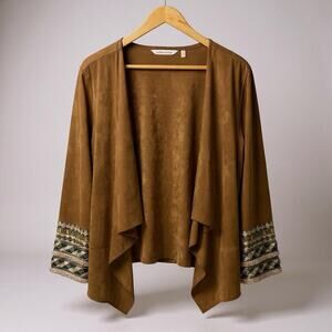 Soft Surroundings Open Front Cardigan Womens Lrg Faux Suede Boho Western Fringe